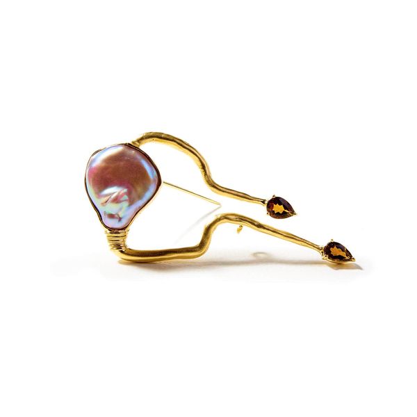 Auree Baroque Pearl and Olive Tourmaline Brooch