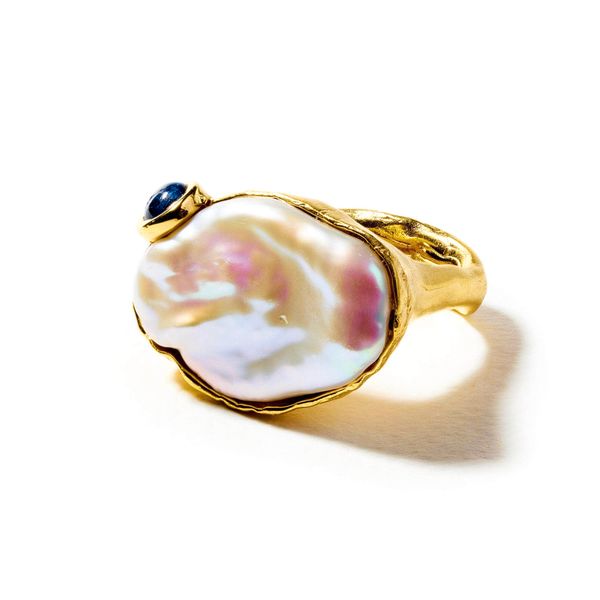 Occus Baroque Pearl and Blue Sapphire Ring