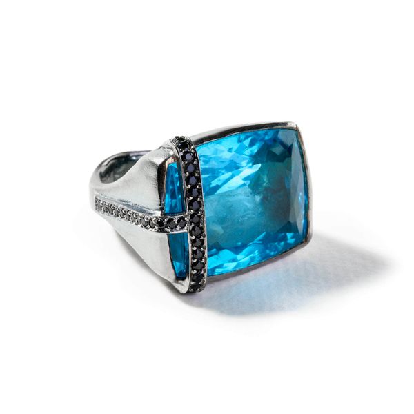 Joulu Swiss Blue Topaz and Black Spinel Ring